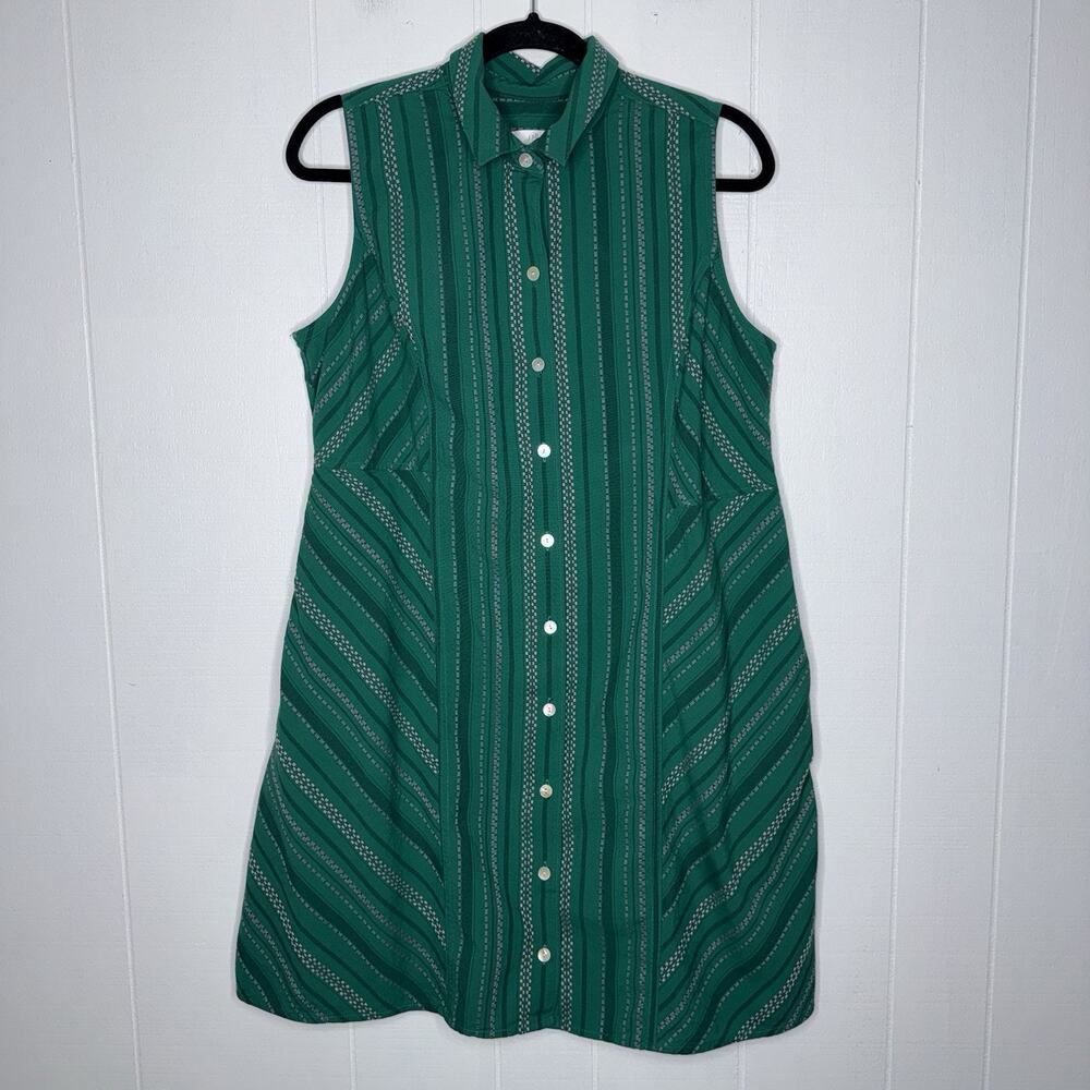 J. Jill Women’s Sleeveless Dobby Dress Striped Green Button Front Size Large